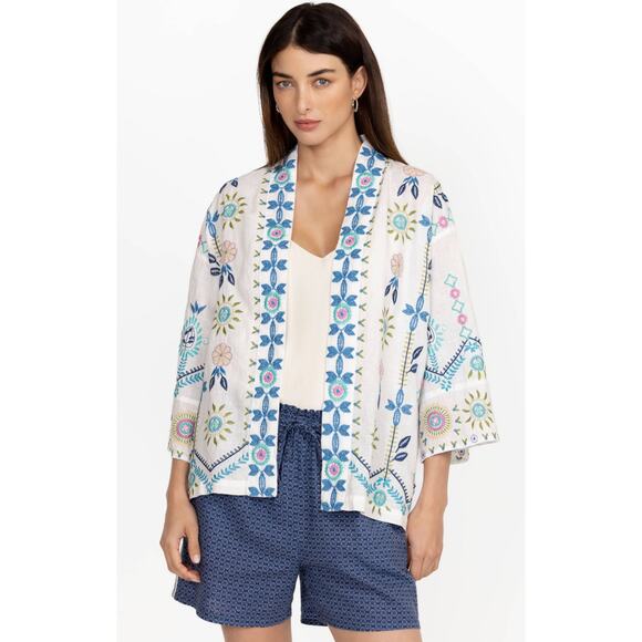 Johnny Was Oriel Cropped Linen Multi-Colored Floral Embroidered Kimono, XS, EUC - Picture 2 of 6
